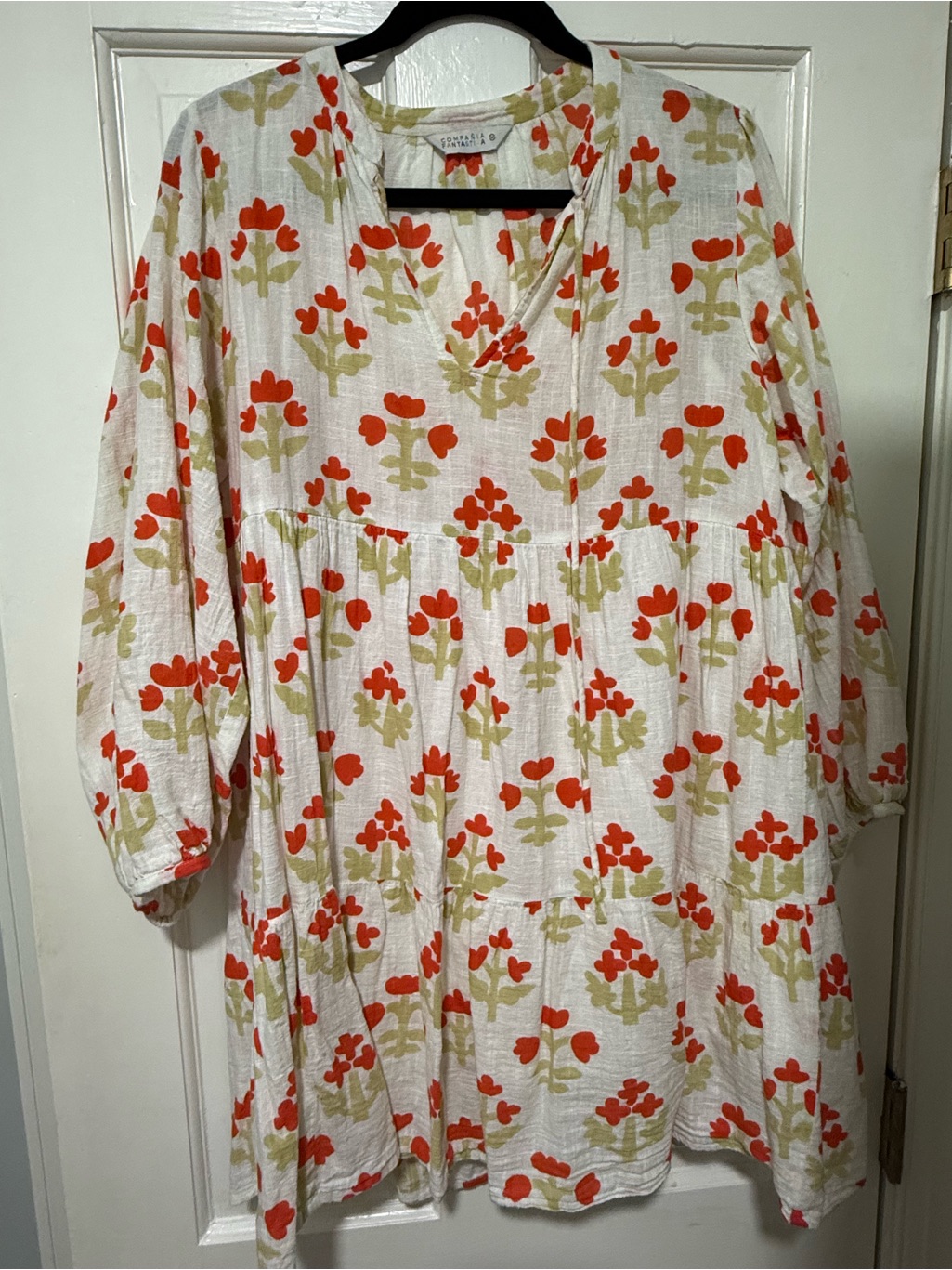 V-Neck White Tunic With Orange & Olive Floral Motif